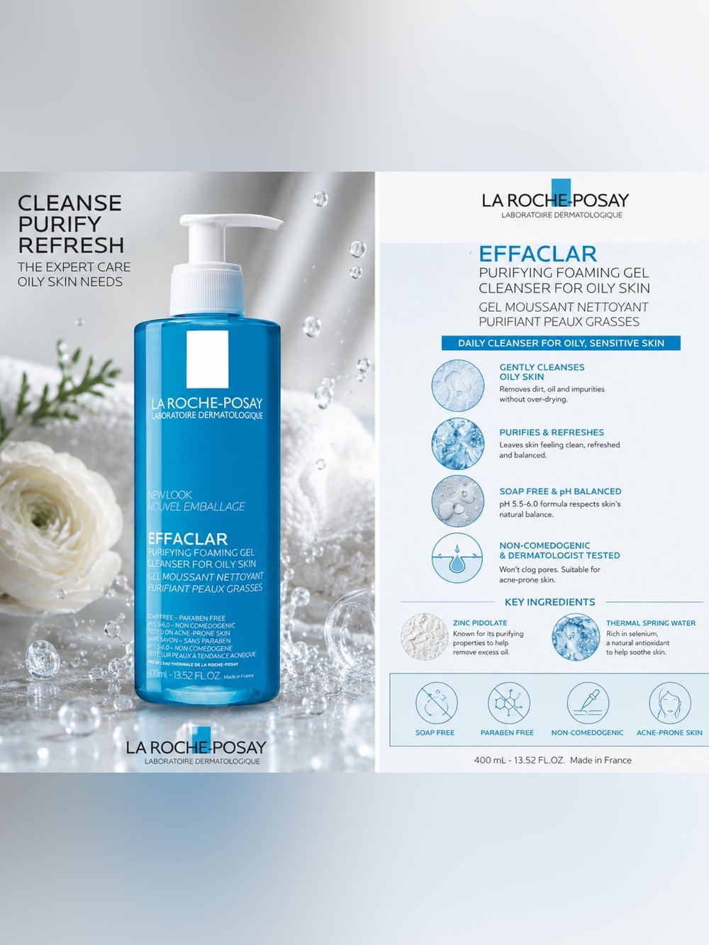 La Roche-Posay Effaclar Purifying Foaming Gel Cleanser for Oily Skin – 13.52 oz